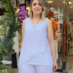 İtalyan Asimetrik Kesim Payetli İpek Bluz (38-48 Beden Uyumlu) - Beyaz