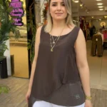 İtalyan Asimetrik Kesim Payetli İpek Bluz (38-48 Beden Uyumlu) - Kahve