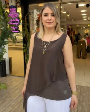 İtalyan Asimetrik Kesim Payetli İpek Bluz (38-48 Beden Uyumlu)