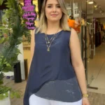 İtalyan Asimetrik Kesim Payetli İpek Bluz (38-48 Beden Uyumlu) - Lacivert
