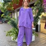 İtalyan İşleme Detaylı %100 Keten Pantolon Tunik Takım - [ TURUNCU ] (38-50) - Mor