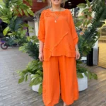 İtalyan İşleme Detaylı %100 Keten Pantolon Tunik Takım - [ TURUNCU ] (38-50) - Turuncu