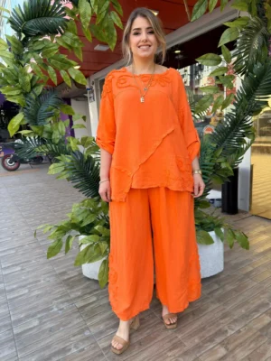 İtalyan İşleme Detaylı %100 Keten Pantolon Tunik Takım - [ TURUNCU ] (38-50)