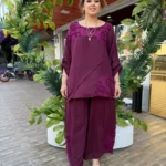 İtalyan İşleme Detaylı %100 Keten Pantolon Tunik Takım - [ TURUNCU ] (38-50) - Bordo