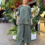 İtalyan İşleme Detaylı %100 Keten Pantolon Tunik Takım - [ TURUNCU ] (38-50) - Haki