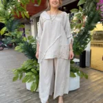 İtalyan İşleme Detaylı %100 Keten Pantolon Tunik Takım - [ TURUNCU ] (38-50) - Bej