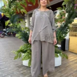 İtalyan İşleme Detaylı %100 Keten Pantolon Tunik Takım - [ TURUNCU ] (38-50) - Vizon