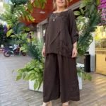 İtalyan İşleme Detaylı %100 Keten Pantolon Tunik Takım - [ TURUNCU ] (38-50) - Kahve
