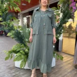 İtalyan Keten Fisto Detaylı Ceket & Elbise İkili Takım (38-50) - Haki