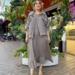 İtalyan Keten Fisto Detaylı Ceket & Elbise İkili Takım (38-50) - Vizon