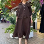 İtalyan Keten Fisto Detaylı Ceket & Elbise İkili Takım (38-50) - Kahve