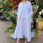 İtalyan Keten Fisto Detaylı Ceket & Elbise İkili Takım (38-50) - Beyaz