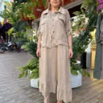 İtalyan Keten Fisto Detaylı Ceket & Elbise İkili Takım (38-50) - Bej