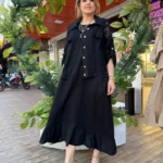 İtalyan Keten Fisto Detaylı Ceket & Elbise İkili Takım (38-50) - Siyah