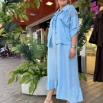 İtalyan Keten Fisto Detaylı Ceket & Elbise İkili Takım (38-50) - Buz Mavi