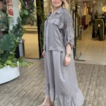 İtalyan Keten Pul Detaylı Ceket Elbise Takım (38-48 Beden Uyumlu) - Vizon