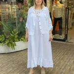 İtalyan Keten Pul Detaylı Ceket Elbise Takım (38-48 Beden Uyumlu) - Beyaz