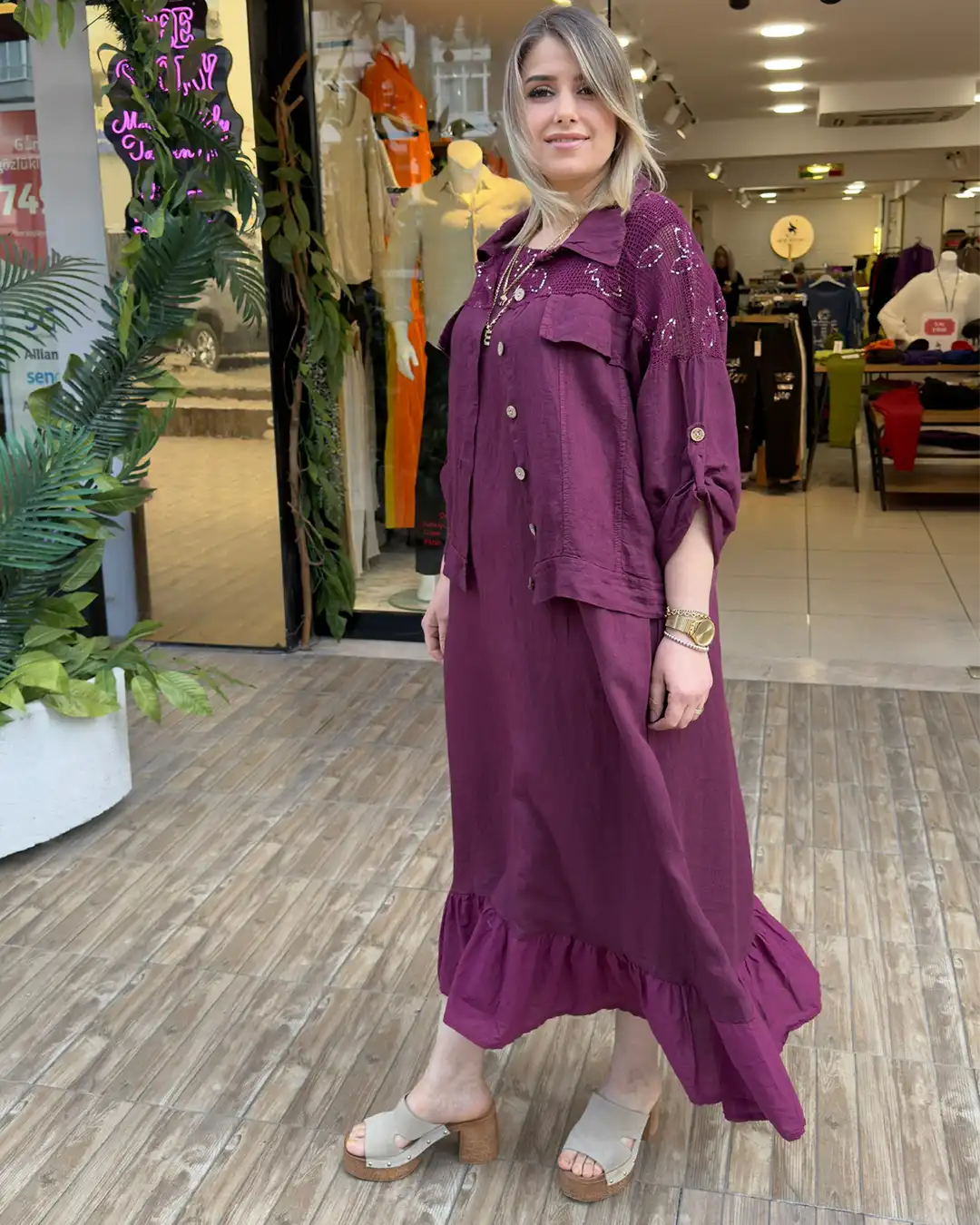 İtalyan Keten Pul Detaylı Ceket Elbise Takım (38-48 Beden Uyumlu)