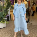 İtalyan Keten Pul Detaylı Ceket Elbise Takım (38-48 Beden Uyumlu) - Buz Mavi