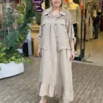 İtalyan Keten Pul Detaylı Ceket Elbise Takım (38-48 Beden Uyumlu) - Bej