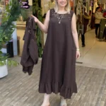 İtalyan Keten Pul Detaylı Ceket Elbise Takım (38-48 Beden Uyumlu) - Kahve