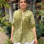 İtalyan Leopar Desenli Pamuk Gömlek (38-48 Uyumlu) - Yağ Yeşil