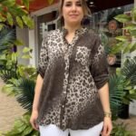 İtalyan Leopar Desenli Pamuk Gömlek (38-48 Uyumlu) - Kahve