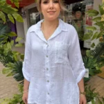 İtalyan Lino Keten Fisto İşlemeli Pullu Cepli Gömlek - Beyaz