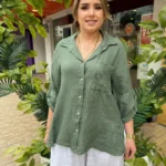 İtalyan Lino Keten Fisto İşlemeli Pullu Cepli Gömlek - Haki