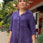 İtalyan Lino Keten Fisto İşlemeli Pullu Cepli Gömlek - Mor