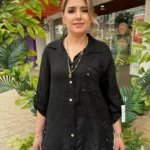 İtalyan Lino Keten Fisto İşlemeli Pullu Cepli Gömlek - Siyah