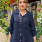 İtalyan Lino Keten Fisto İşlemeli Pullu Cepli Gömlek - Lacivert