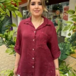 İtalyan Lino Keten Fisto İşlemeli Pullu Cepli Gömlek - Bordo