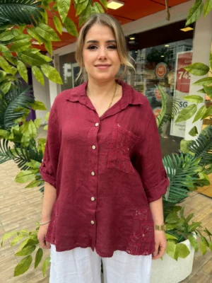 İtalyan Lino Keten Fisto İşlemeli Pullu Cepli Gömlek