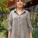 İtalyan Lino Keten Fisto İşlemeli Pullu Cepli Gömlek - Vizon