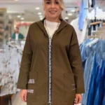 İtalyan Mumlu  Payet Detaylı "Love" Fermuarlı Kapüşonlu Trençkot - Kahve