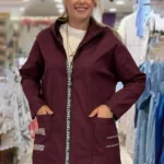 İtalyan Mumlu  Payet Detaylı "Love" Fermuarlı Kapüşonlu Trençkot - Bordo