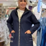 İtalyan Mumlu  Payet Detaylı "Love" Fermuarlı Kapüşonlu Trençkot - Lacivert