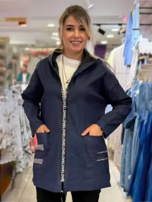 İtalyan Mumlu  Payet Detaylı "Love" Fermuarlı Kapüşonlu Trençkot