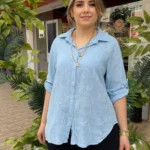 İtalyan Pamuk Çiçek Nakışlı Gömlek (38-48 Uyumlu) - Buz Mavi