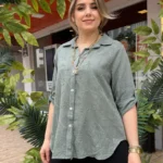 İtalyan Pamuk Çiçek Nakışlı Gömlek (38-48 Uyumlu) - Haki