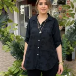 İtalyan Pamuk Çiçek Nakışlı Gömlek (38-48 Uyumlu) - Siyah