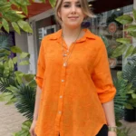 İtalyan Pamuk Çiçek Nakışlı Gömlek (38-48 Uyumlu) - Turuncu