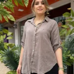 İtalyan Pamuk Çiçek Nakışlı Gömlek (38-48 Uyumlu) - Vizon
