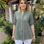 İtalyan %100 Pamuk Hakim Yaka Pul Payetli Gömlek (38 - 48 Uyumlu) - Haki