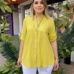 İtalyan %100 Pamuk Hakim Yaka Pul Payetli Gömlek (38 - 48 Uyumlu) - Hardal