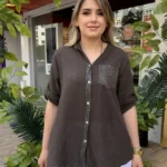 İtalyan %100 Pamuk Hakim Yaka Pul Payetli Gömlek (38 - 48 Uyumlu) - Kahve