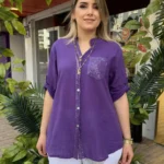 İtalyan %100 Pamuk Hakim Yaka Pul Payetli Gömlek (38 - 48 Uyumlu) - Mor