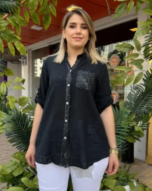 İtalyan %100 Pamuk Hakim Yaka Pul Payetli Gömlek (38 - 48 Uyumlu)