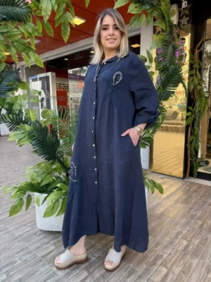 İtalyan Payetli Linen Keten Uzun Gömlek Elbise